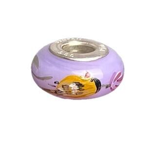 Fenton Lilac Purple Glass Bead Yellow Bird Floral Sterling Silver 925 Core Charm